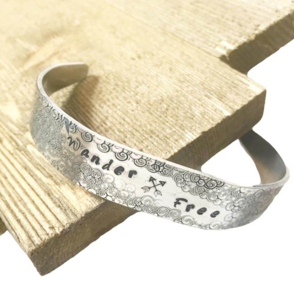 Handmade stamped “Wander Free” hypoallergenic‎ adjustable cuff bracelet